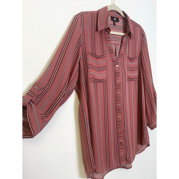 Womens Fall XL Button Front Striped Blouse Pink and Black Casual Workwear Flowy - Picture 2 of 9